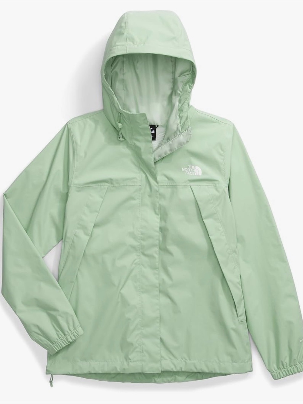 A light green women's waterproof Antora jacket by The North Face.